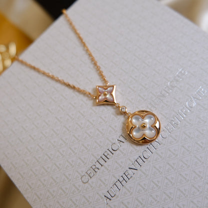 [Renovia Jewelry]STAR AND SUN WHITE MOP 2 MOTIF PINK GOLD NECKLACE