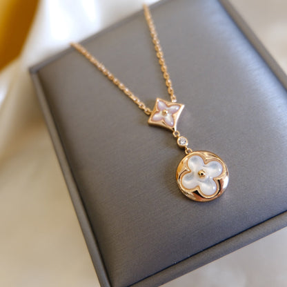 [Renovia Jewelry]STAR AND SUN WHITE MOP 2 MOTIF PINK GOLD NECKLACE