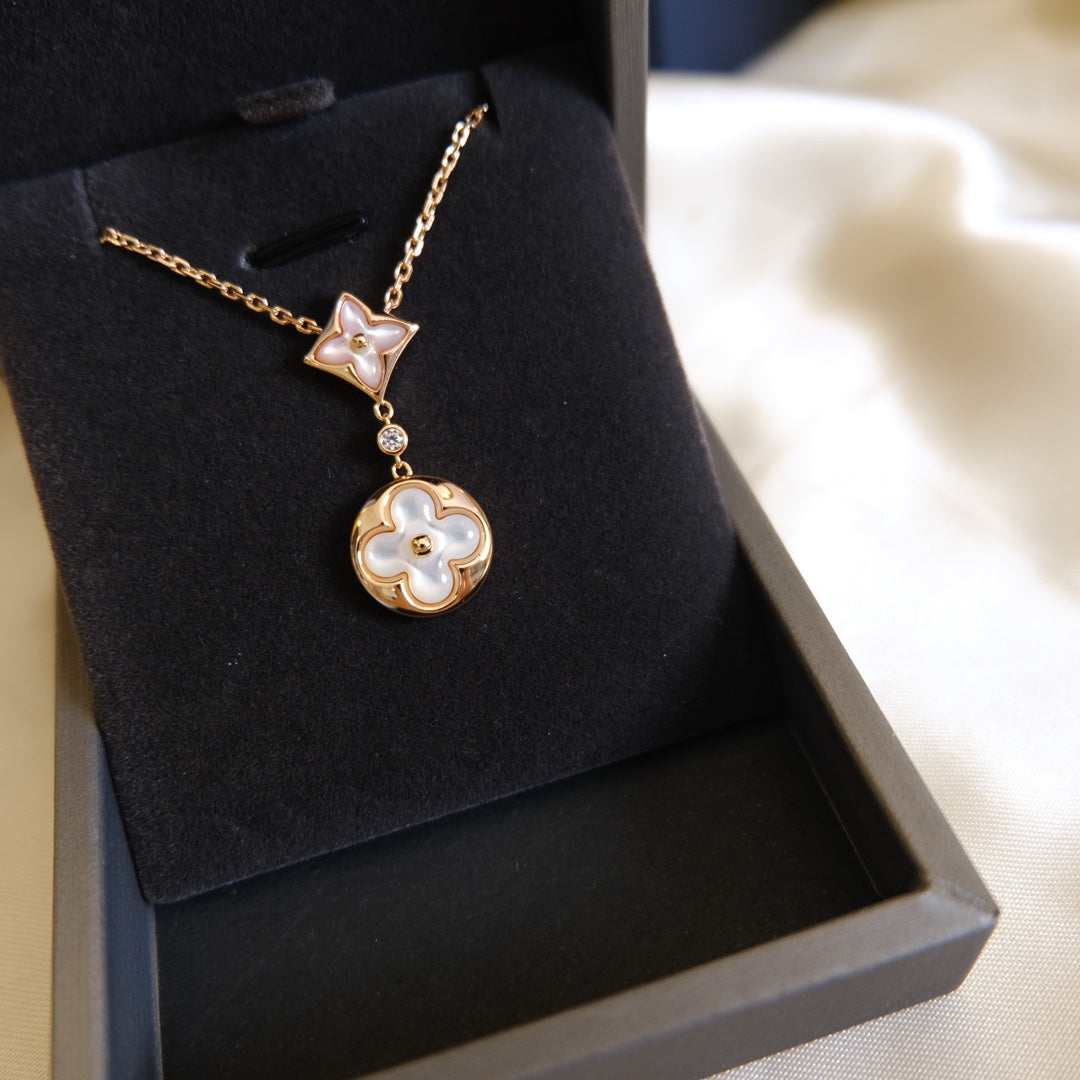 [Renovia Jewelry]STAR AND SUN WHITE MOP 2 MOTIF PINK GOLD NECKLACE
