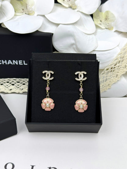 [Renovia Jewelry]26C Pink Camellia Enamel Pendant with Double C Earrings