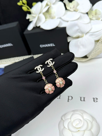 [Renovia Jewelry]26C Pink Camellia Enamel Pendant with Double C Earrings