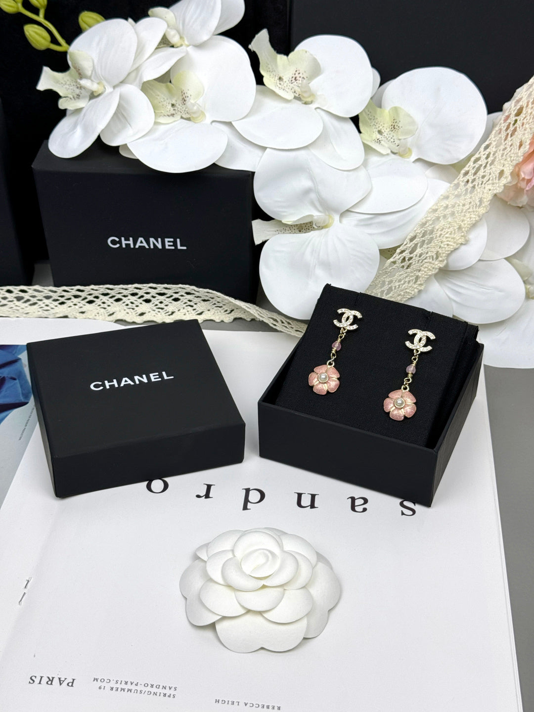 [Renovia Jewelry]26C Pink Camellia Enamel Pendant with Double C Earrings