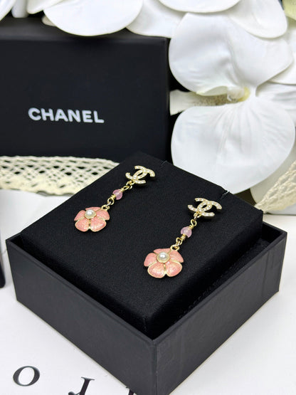 [Renovia Jewelry]26C Pink Camellia Enamel Pendant with Double C Earrings