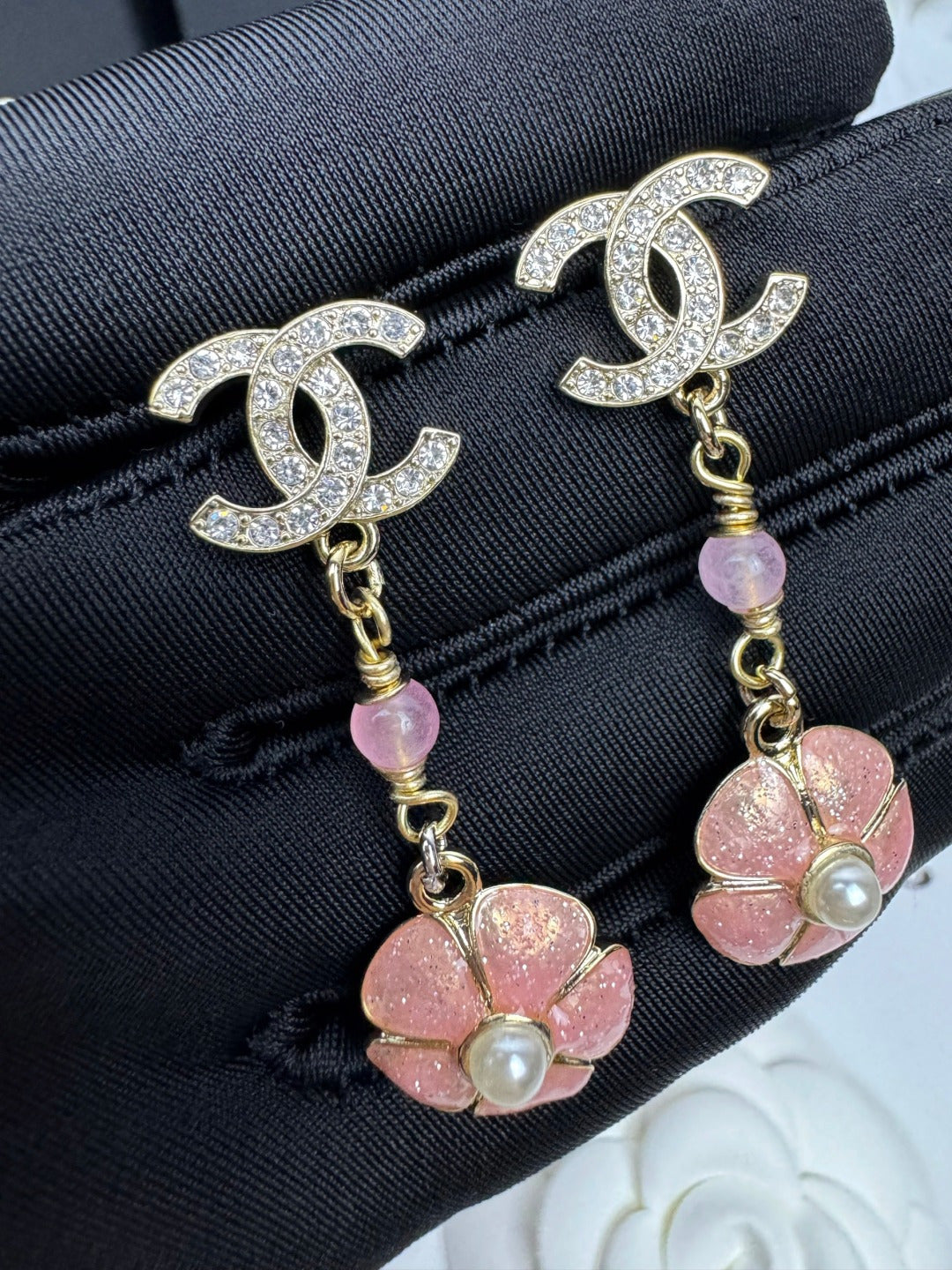 [Renovia Jewelry]26C Pink Camellia Enamel Pendant with Double C Earrings