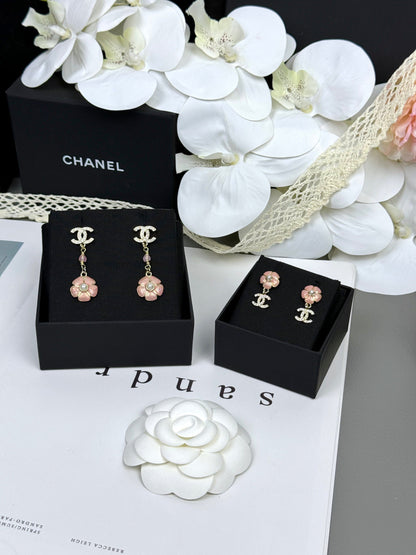 [Renovia Jewelry]26C Pink Camellia Enamel Pendant with Double C Earrings