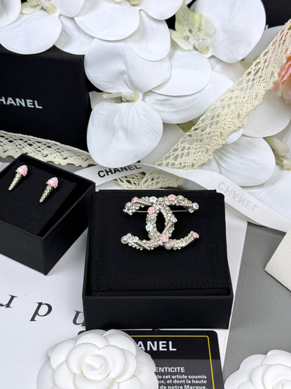 [Renovia Jewelry]26C Pink-White Enamel Ice Cream Cone Double C Brooch
