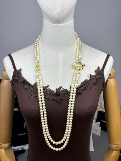 [Renovia Jewelry]25K Pencil Double C Double-Layer Pearl Sweater Chain