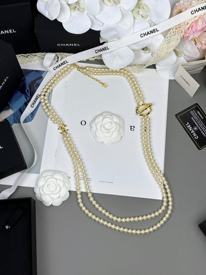 [Renovia Jewelry]25K Pencil Double C Double-Layer Pearl Sweater Chain