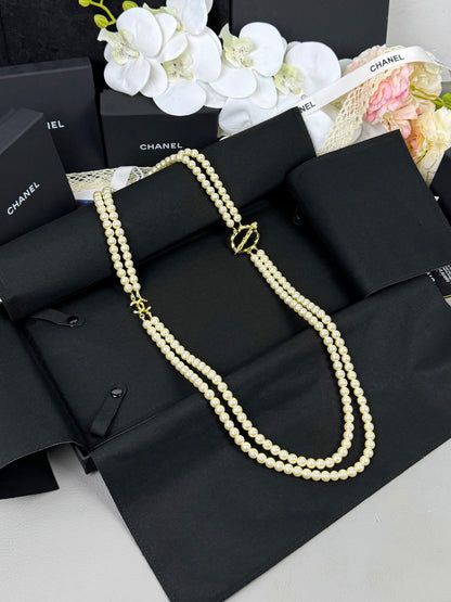 [Renovia Jewelry]25K Pencil Double C Double-Layer Pearl Sweater Chain