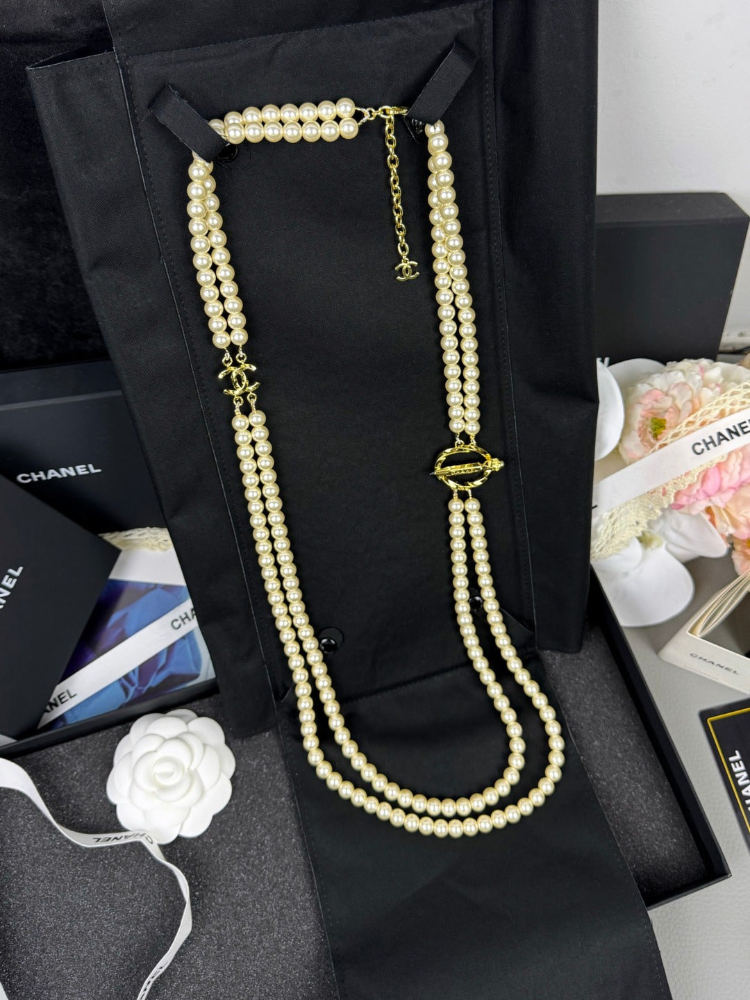 [Renovia Jewelry]25K Pencil Double C Double-Layer Pearl Sweater Chain