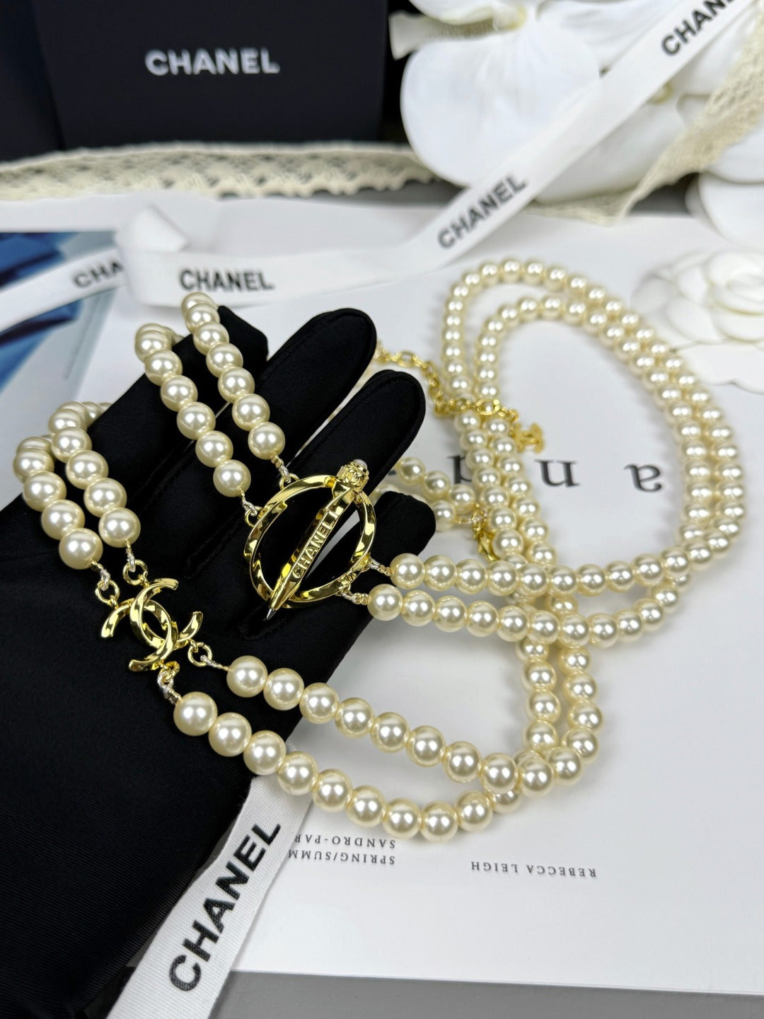 [Renovia Jewelry]25K Pencil Double C Double-Layer Pearl Sweater Chain