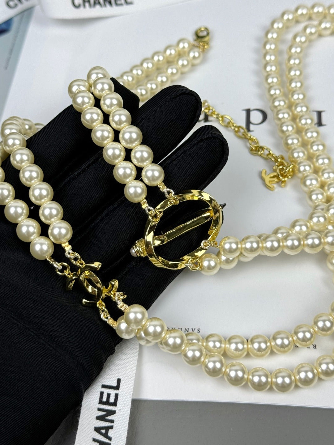 [Renovia Jewelry]25K Pencil Double C Double-Layer Pearl Sweater Chain