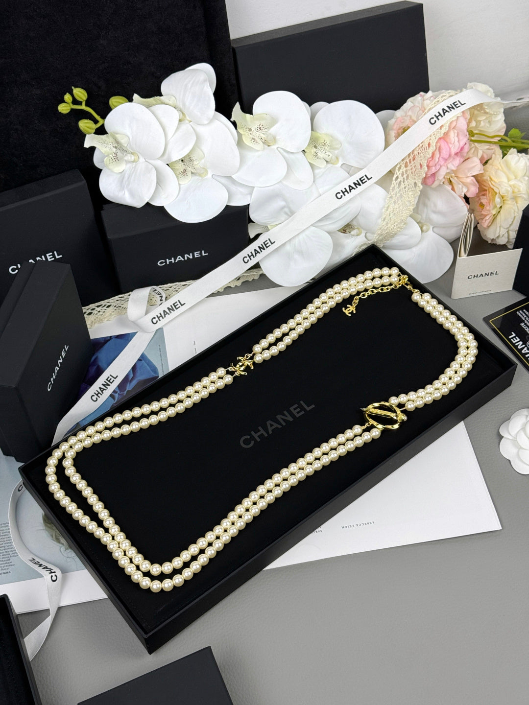 [Renovia Jewelry]25K Pencil Double C Double-Layer Pearl Sweater Chain
