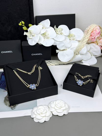 [Renovia Jewelry]New Blue Floral Double-Layer Necklace