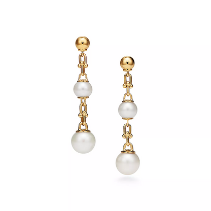 [Renovia Jewelry]TRIPLE DROP LINK EARRINGS GOLD WITH FRESHWATER PEARLS