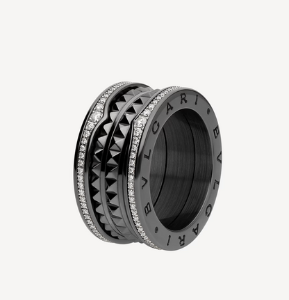 [Renovia Jewelry]ZERO 1 ROCK FOUR-BAND BLACK CERAMIC WITH STUDDED SPIRAL AND PAVED DIAMONDS RING