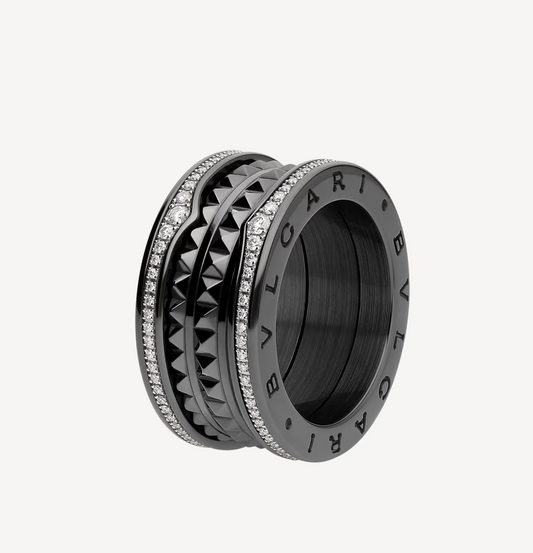 [Renovia Jewelry]ZERO 1 ROCK FOUR-BAND BLACK CERAMIC WITH STUDDED SPIRAL AND PAVED DIAMONDS RING