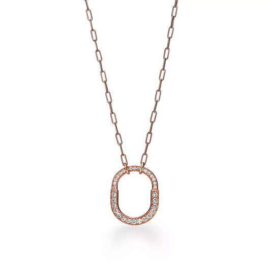 [Renovia Jewelry]LOCK NECKLACE MEDIUM PENDANT PINK GOLD PAVED DIAMONDS
