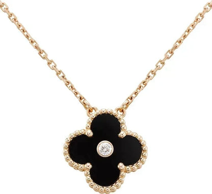 [Renovia Jewelry]CLOVER 15MM DIAMOND ONYX NECKLACE