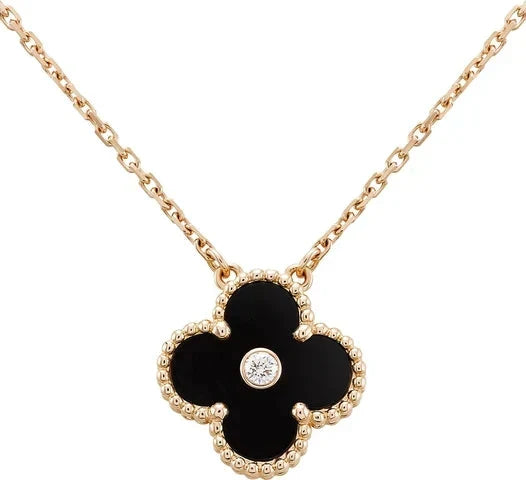 [Renovia Jewelry]CLOVER 15MM DIAMOND ONYX NECKLACE
