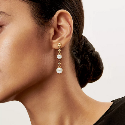 [Renovia Jewelry]TRIPLE DROP LINK EARRINGS GOLD WITH FRESHWATER PEARLS