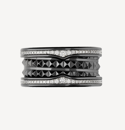[Renovia Jewelry]ZERO 1 ROCK FOUR-BAND BLACK CERAMIC WITH STUDDED SPIRAL AND PAVED DIAMONDS RING