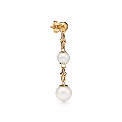 [Renovia Jewelry]TRIPLE DROP LINK EARRINGS GOLD WITH FRESHWATER PEARLS