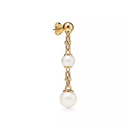 [Renovia Jewelry]TRIPLE DROP LINK EARRINGS GOLD WITH FRESHWATER PEARLS