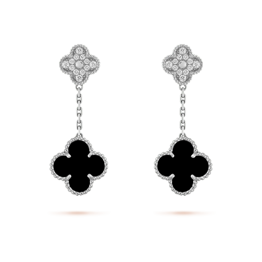 [Renovia Jewelry]CLOVER 2 MOTIFS  DIAMOND ONYX EARRINGS SILVER