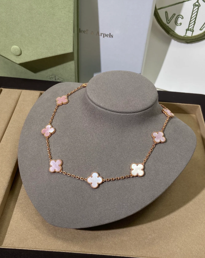 [Renovia Jewelry Jewellery] Pink Necklace with Ten Clover Designs