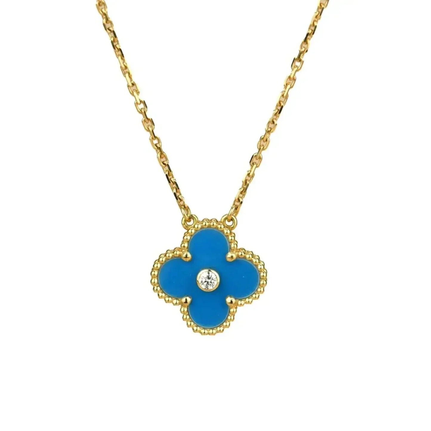 [Renovia Jewelry]CLOVER 15MM DIAMOND AND BLUE AGATE NECKLACE