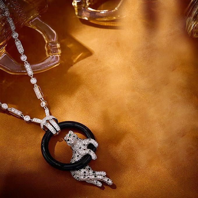 [Renovia Jewelry]NEW BLACK CIRCLE PANTHER FULL DIAMOND NECKLACE