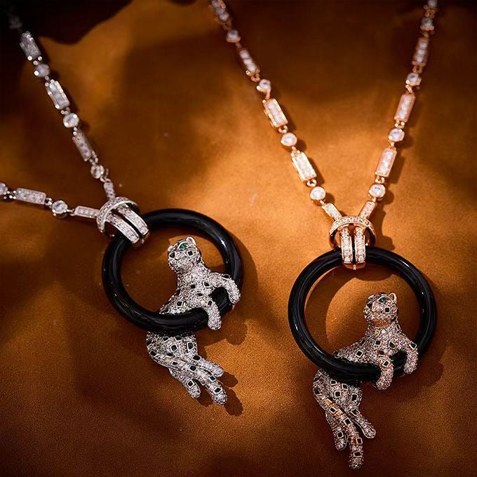 [Renovia Jewelry]NEW BLACK CIRCLE PANTHER FULL DIAMOND NECKLACE