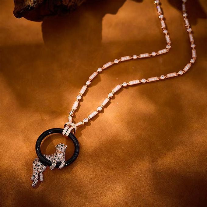 [Renovia Jewelry]NEW BLACK CIRCLE PANTHER FULL DIAMOND NECKLACE