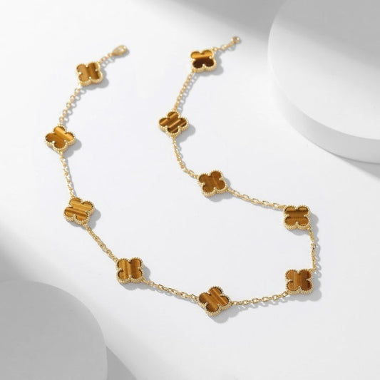 [Renovia Jewelry]CLOVER 10 MOTIFS TIGER EYE NECKLACE