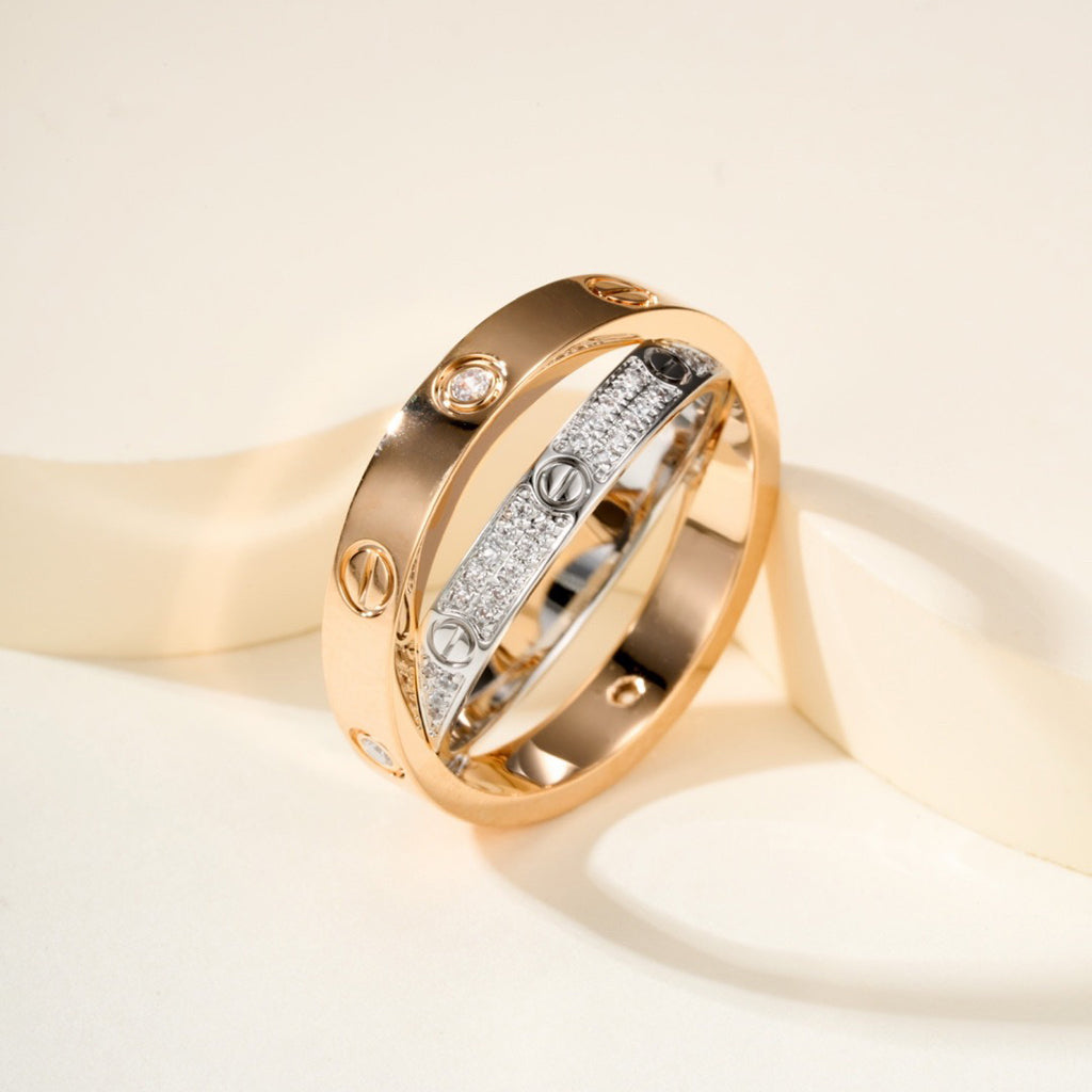 [Renovia Jewelry]LOVE PINK GOLD SILVER DIAMOND DOUBLE RING