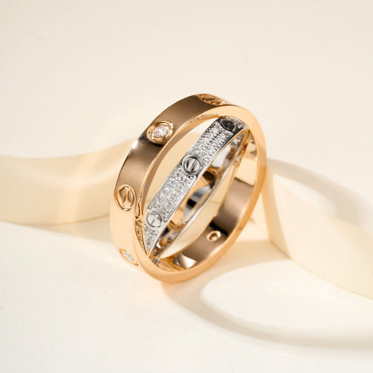 [Renovia Jewelry]LOVE PINK GOLD SILVER DIAMOND DOUBLE RING