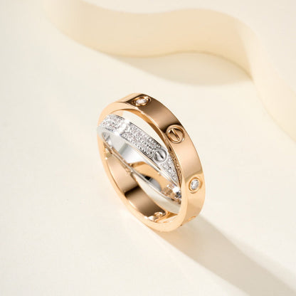 [Renovia Jewelry]LOVE PINK GOLD SILVER DIAMOND DOUBLE RING