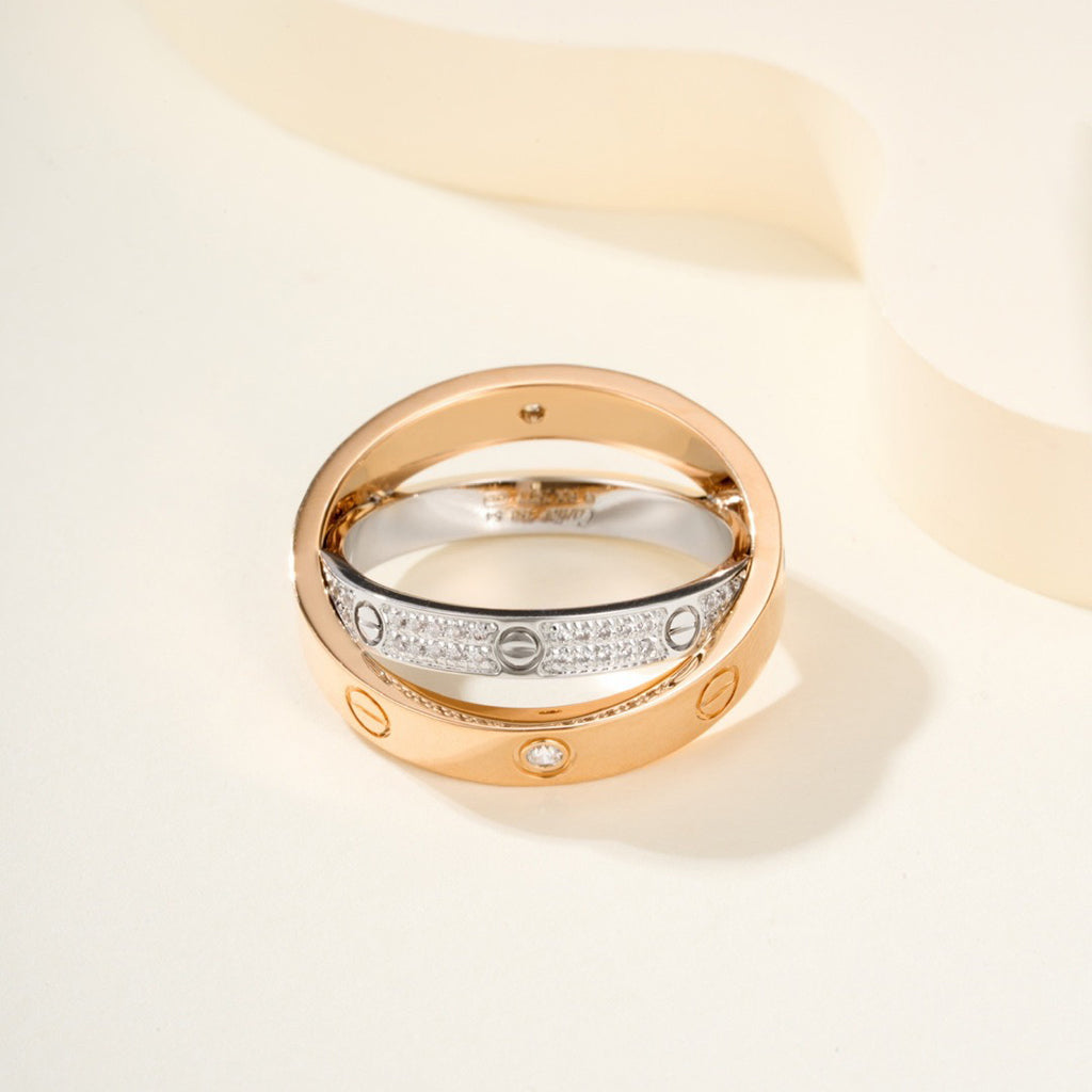 [Renovia Jewelry]LOVE PINK GOLD SILVER DIAMOND DOUBLE RING