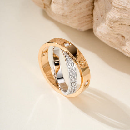 [Renovia Jewelry]LOVE PINK GOLD SILVER DIAMOND DOUBLE RING