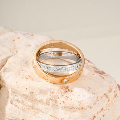 [Renovia Jewelry]LOVE PINK GOLD SILVER DIAMOND DOUBLE RING