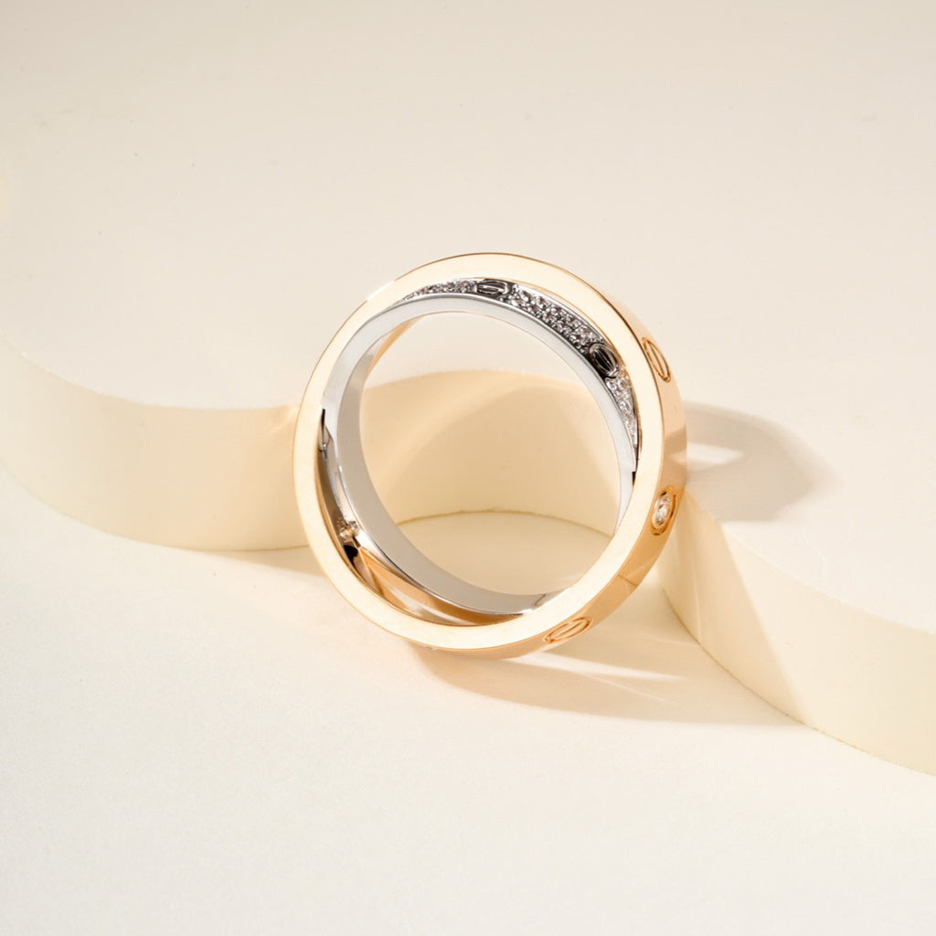[Renovia Jewelry]LOVE PINK GOLD SILVER DIAMOND DOUBLE RING