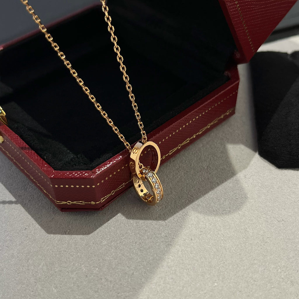 [Renovia Jewelry]LOVE DOUBLE RING HALF DIAMOND NECKLACE