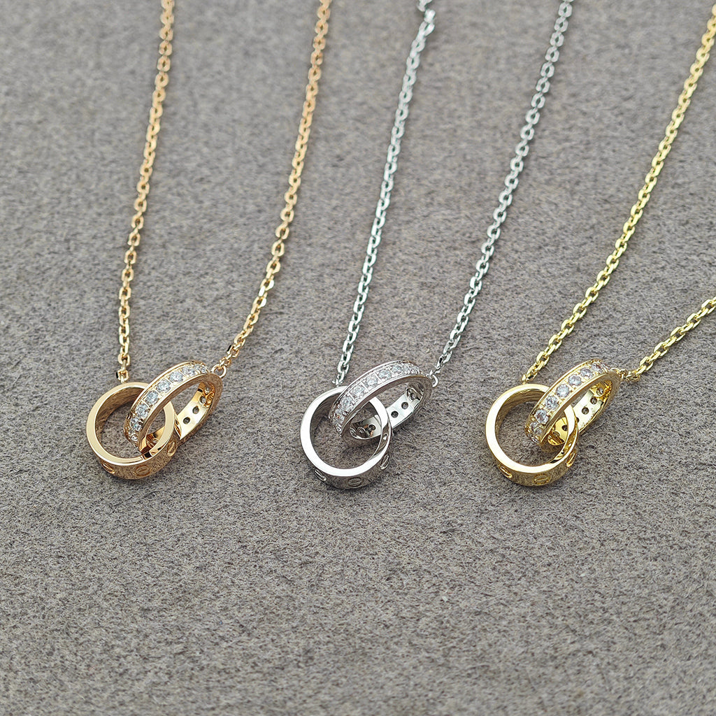 [Renovia Jewelry]LOVE DOUBLE RING HALF DIAMOND NECKLACE