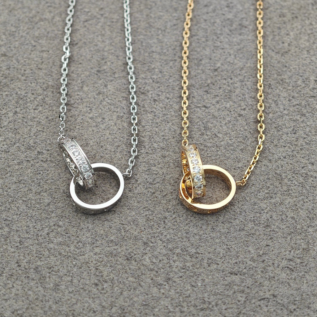 [Renovia Jewelry]LOVE DOUBLE RING HALF DIAMOND NECKLACE
