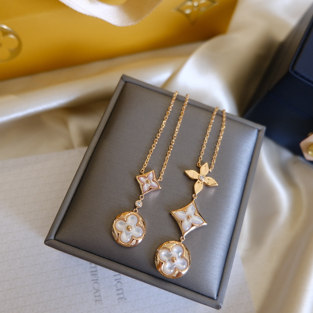 [Renovia Jewelry]COLOR BLOSSOM LARIAT NECKLACE PINK GOLD WHITE MOTHER PEARL AND DIAMOND