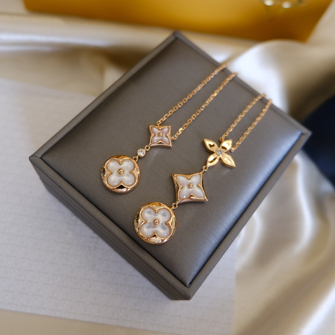 [Renovia Jewelry]COLOR BLOSSOM LARIAT NECKLACE PINK GOLD WHITE MOTHER PEARL AND DIAMOND