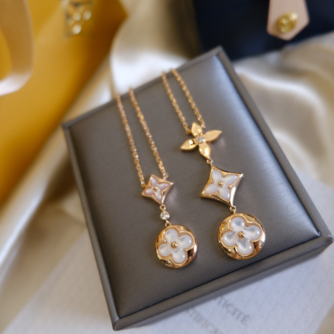 [Renovia Jewelry]COLOR BLOSSOM LARIAT NECKLACE PINK GOLD WHITE MOTHER PEARL AND DIAMOND