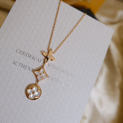 [Renovia Jewelry]COLOR BLOSSOM LARIAT NECKLACE PINK GOLD WHITE MOTHER PEARL AND DIAMOND