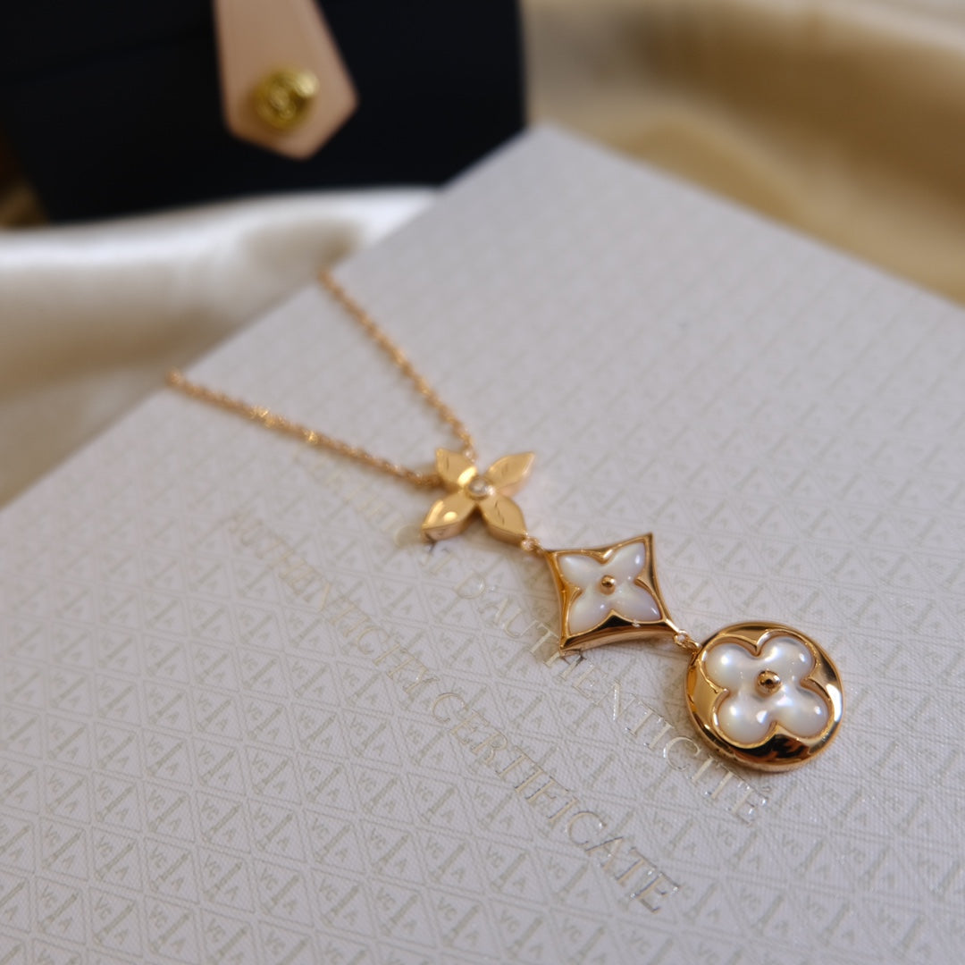 [Renovia Jewelry]COLOR BLOSSOM LARIAT NECKLACE PINK GOLD WHITE MOTHER PEARL AND DIAMOND